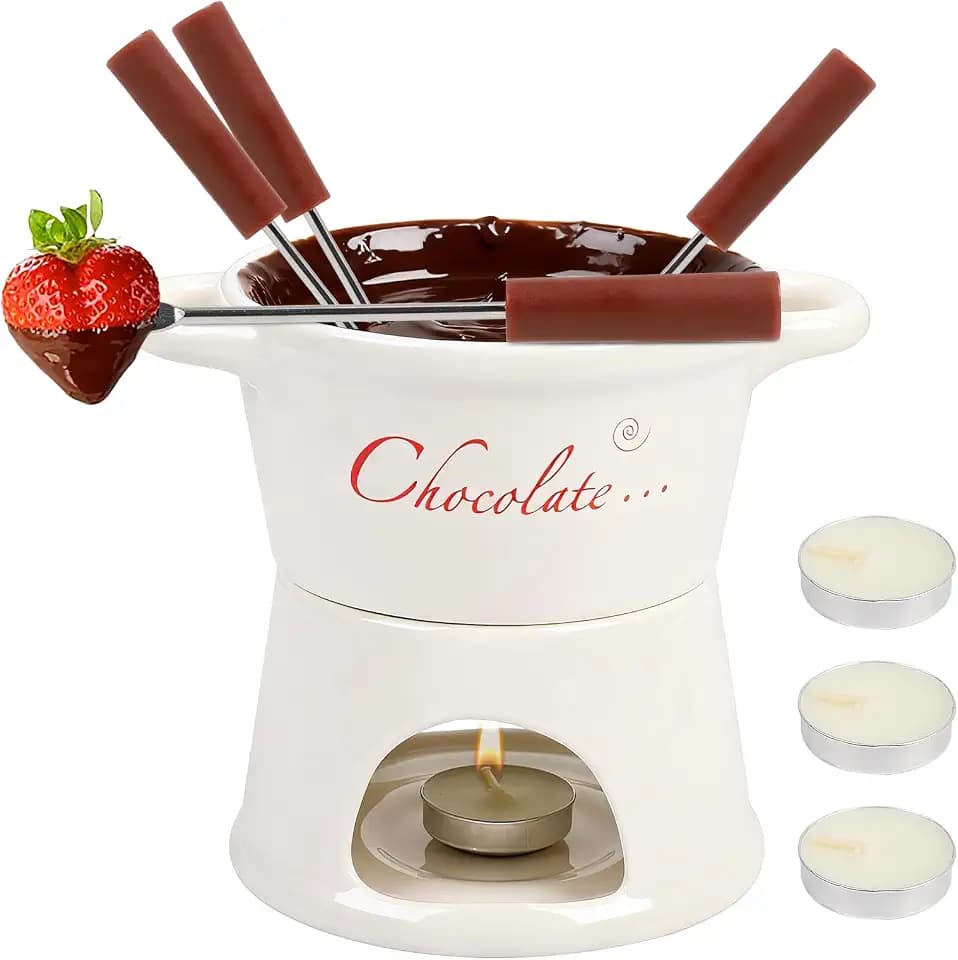 BigKing Schokoladen- und Käse-Tiegel, 300 ml, Schokoladenfondue aus Keramik mit 4 Gabeln und 4 Teelichtern, abnehmbar, Mini-Fondue-Tasse für Zuhause, Restaurant und Café
