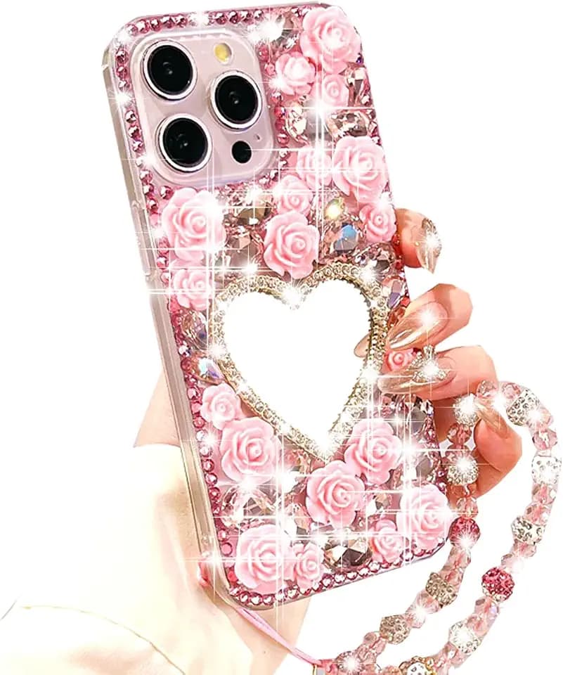 Changjia for iPhone 16 Pro Glitter Bling Case, Cute 3D Sparkle Heart Makeup Mirror Crystal Rhinestones Flowers Diamond Gems Pearl with Lanyard Wrist Strap Women Girls Case for iPhone 16 Pro 6.3", Pink
