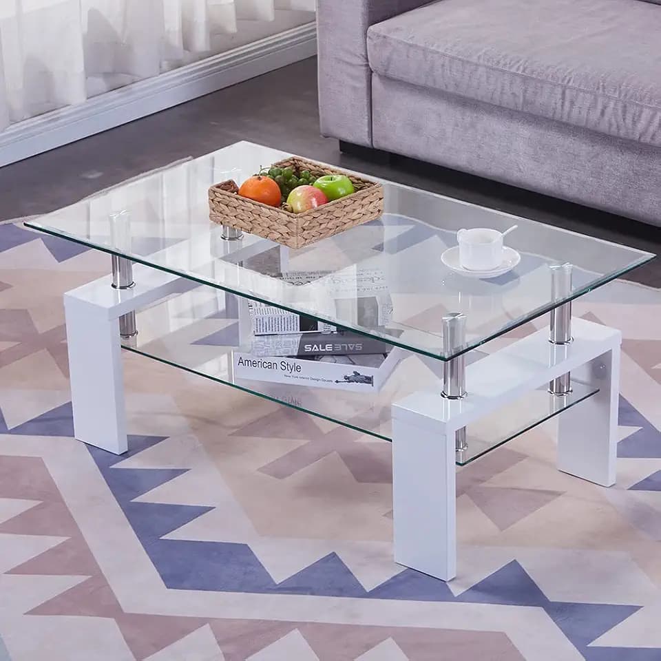 GOLDFAN Couchtisch Glas Rechteckiger Wohnzimmertisch Glas Couchtisch Weiß Hochglanz Kaffetisch Glastisch für Wohnzimmer