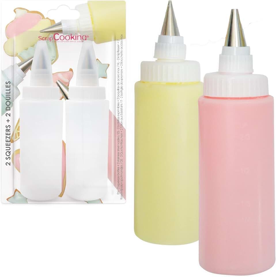 ScrapCooking - 2 Stück Squeeze Flasche mit Tüllen 185 ml - Quetschflasche für Glasuren, Dekoration - Kuchen, Kekse, Desserts - Schokoladensauce - Spritzflasche Lebensmittelechter Kunststoff - 5165