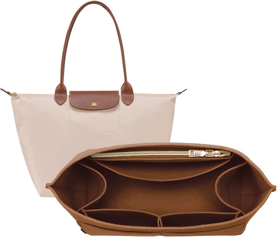 OPPOSHE Purse Organizer Insert for Longchamp Le Pliage, Premium Felt Long Champ Bag Handbag Women, Tote Organizer Insert with 9 Compartments (Medium, Earth Brown)