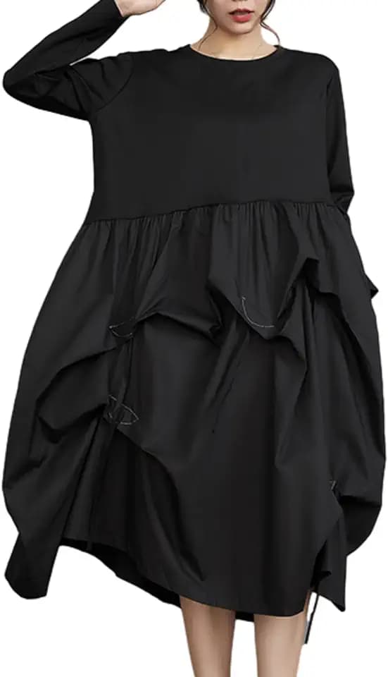 ellazhu Women's Funky Crew Neck Patchwork Solid Pleated Dress GZ102 Black