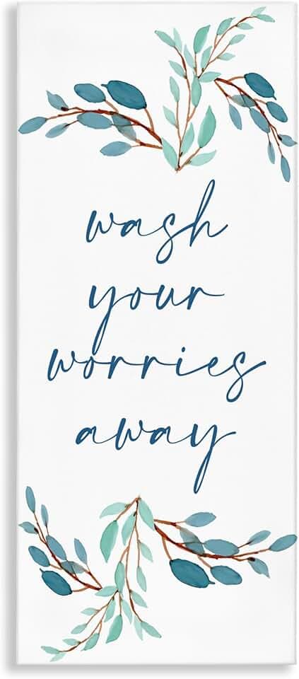 Stupell Industries 'Wash Your Worries Away Bathroom Phrase Blue Plants', Canvas Art, 13 x 30 Inches, Easy to Hang and Sturdy, Made in USA, by Kim Allen