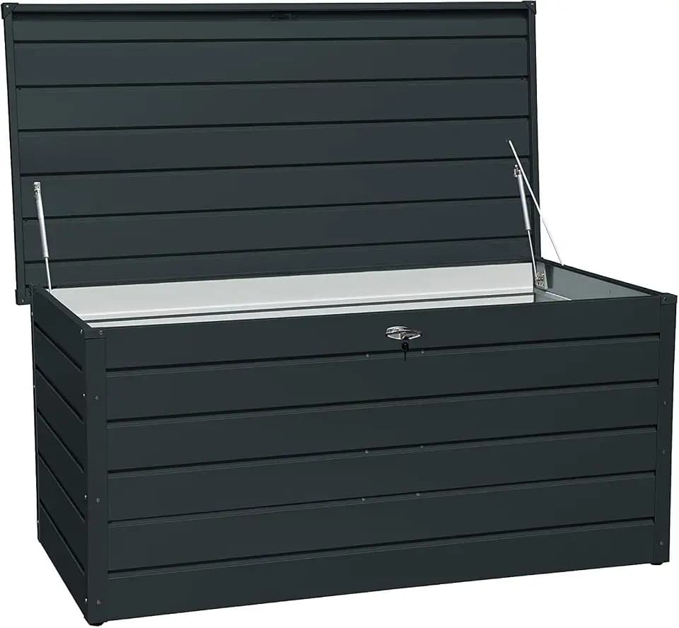 Duramax Palladium Kissenbox aus Metall XL (1043 L) mit hydraulischer Gasdruckfeder und abschließbarem Griff mit Schlüssel, Terrassenbox und Gartenmöbelaufbewahrung, Anthrazit