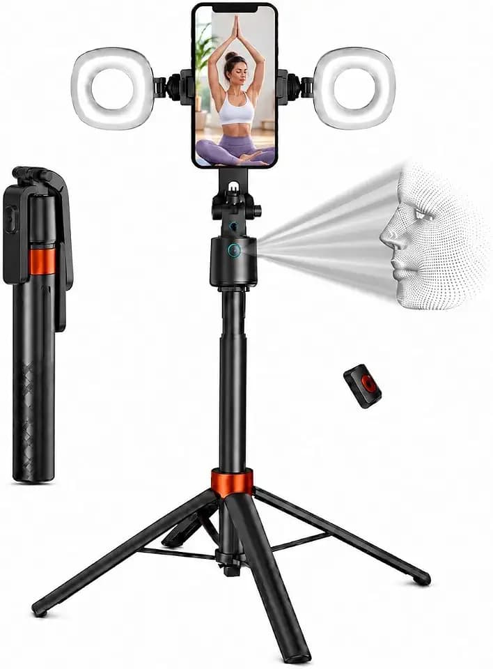 70" Auto Face Tracking Phone Tripod, No App, Light, Selfie Stick & Remote