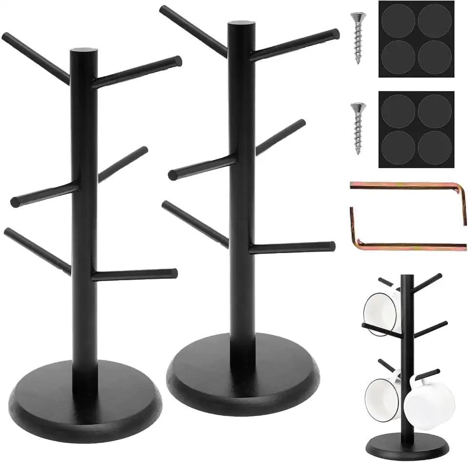 Tassenständer Holz, 2 Stück Brezelhalter aus Holz, 35 cm Höhe Desktop Kaffeetassenhalter, Tassenhalter mit 6 Haken und Verdickter Basis, für Brezeln, Donuts, Würste, Küchen, Cafés(Schwarz)