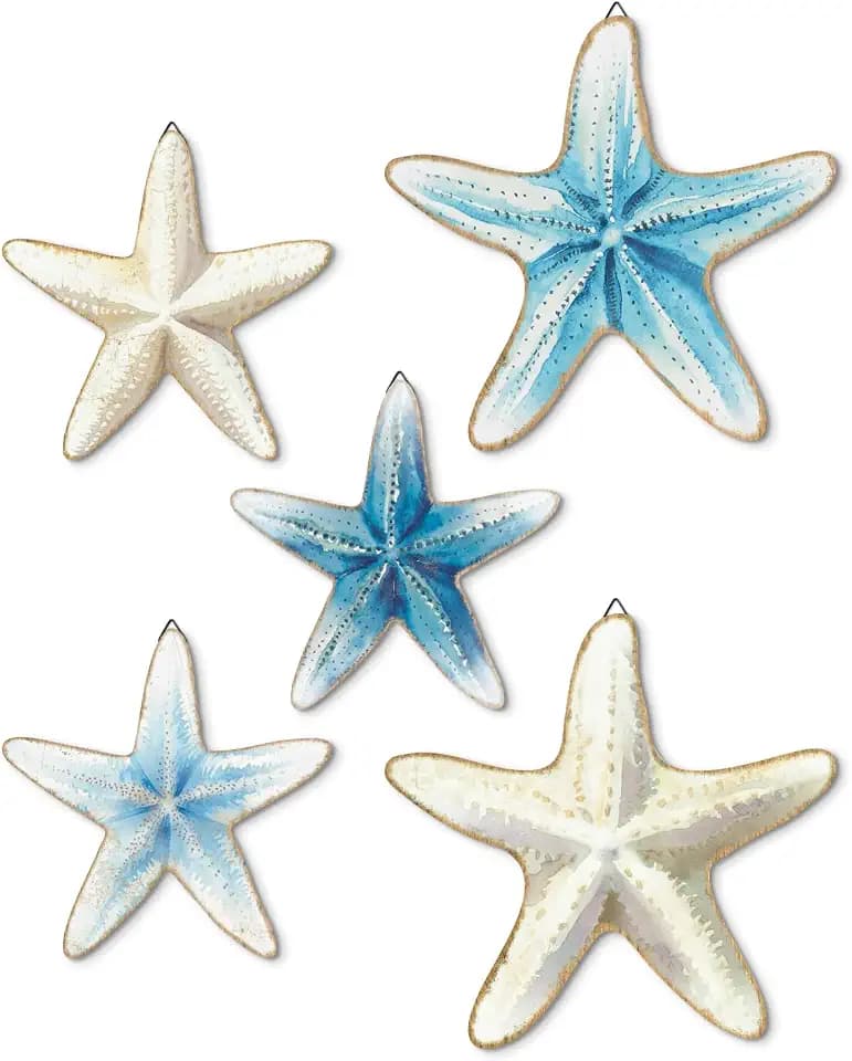 Putuo Decor Blue and White Starfish Beach Wall Décor Set 5 Piece Nautical Hanging Decor for Coastal Homes, Bathrooms, Poolside Spaces (It's not 3D)