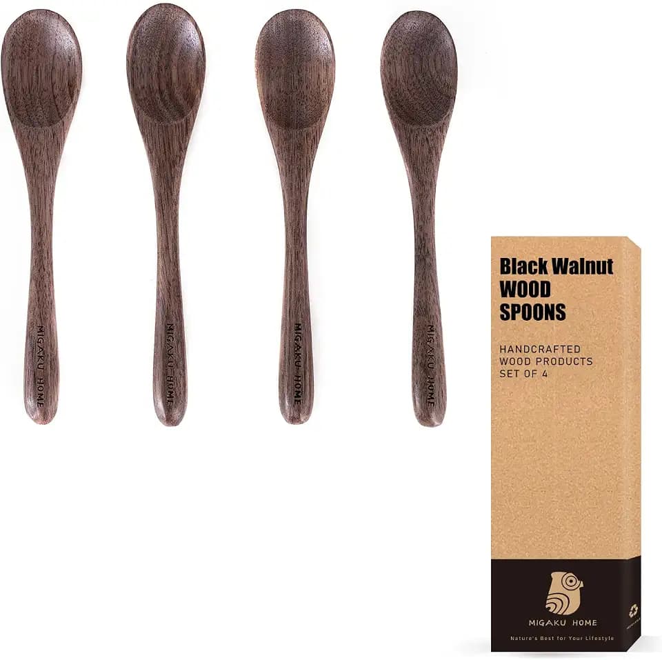 4 Pcs Small Black Walnut Wood Spoons for Eating Ice Cream, Desserts, honey, Coffee & More, Premium Wooden Spoons Set, Japanese Style Kitchenware