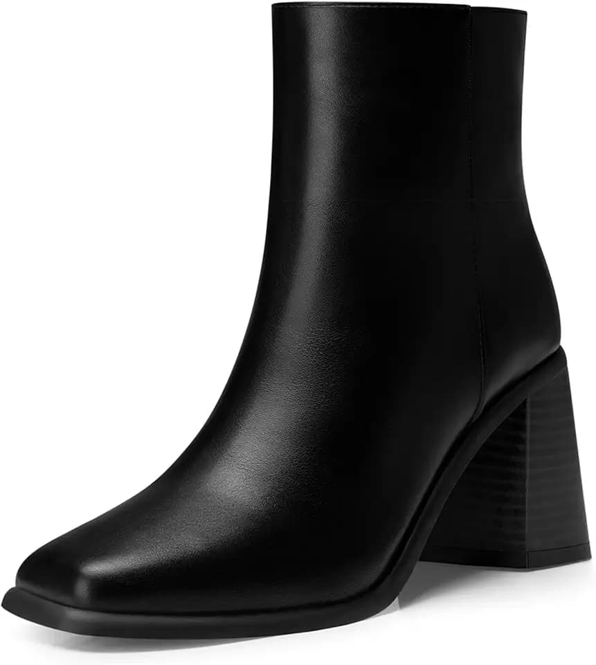 CELLENZ Women Heel Ankle Boots: Chunky Square Toe Boots - Fashion Heel Booties Womens - Black Leather Fall Ankle Boot Night out Work Trip Size 6.5