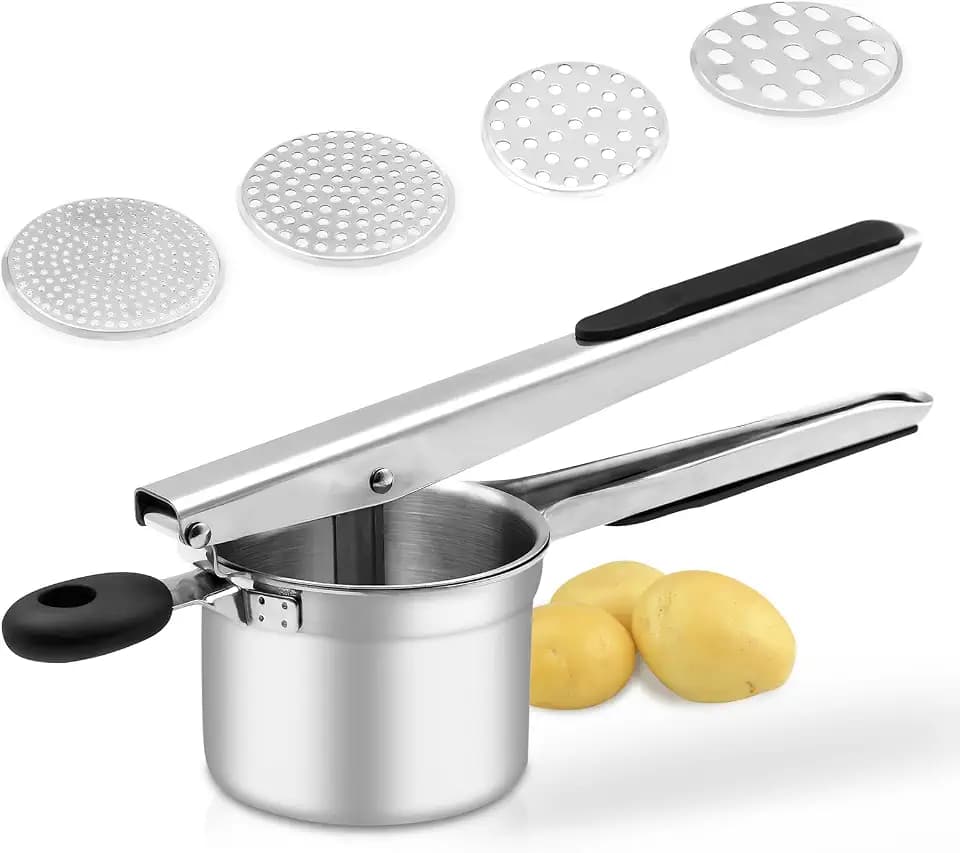Kartoffelpresse, große, robuste Kartoffelpresse aus Edelstahl, 425 ML, zum Stampfen und Pressen von Kartoffeln, Küchenwerkzeug, Presse für Kartoffelpüree (Silver-4Discs)