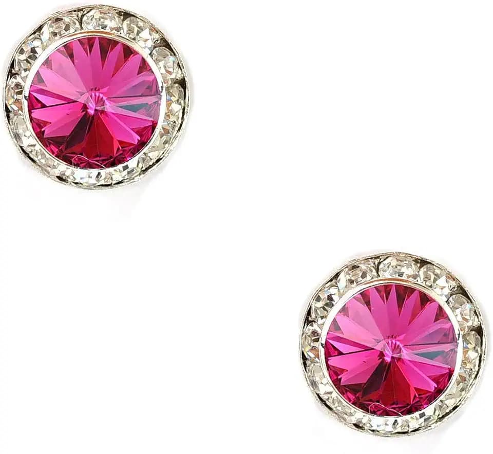 (23017A110) Silver Fuchsia Rhinestone 15mm Rondelle Circle Round Shape Stud Earrings