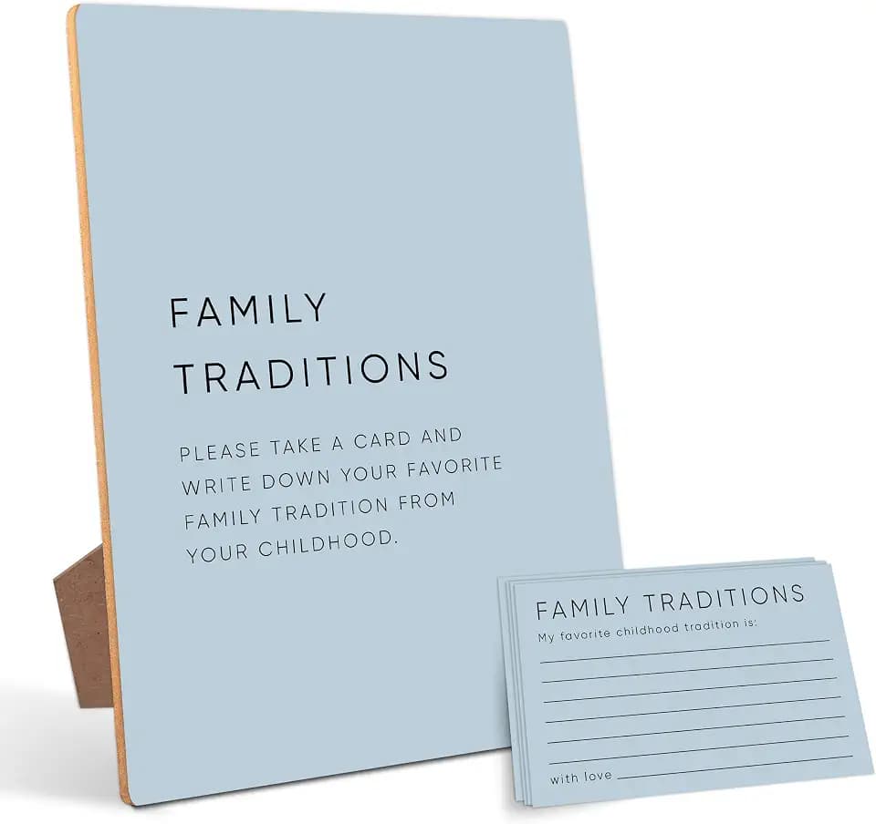Family Traditions Baby Shower Games,Baby Shower Decorations,Baby Shower Signs,Gender Reveal Decorations,Baby Shower Bingo,1 Wooden Play Sign with Stand and 50 Party Cards Set（Blue04）