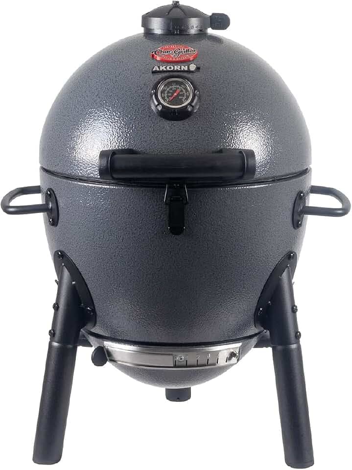 Char-Griller AKORN Jr. Portable Kamado Charcoal Grill and Smoker, Triple-Wall Insulated Steel with Cast Iron Grates and Locking Lid, 155 Sq. In. Cooking Area, Ash