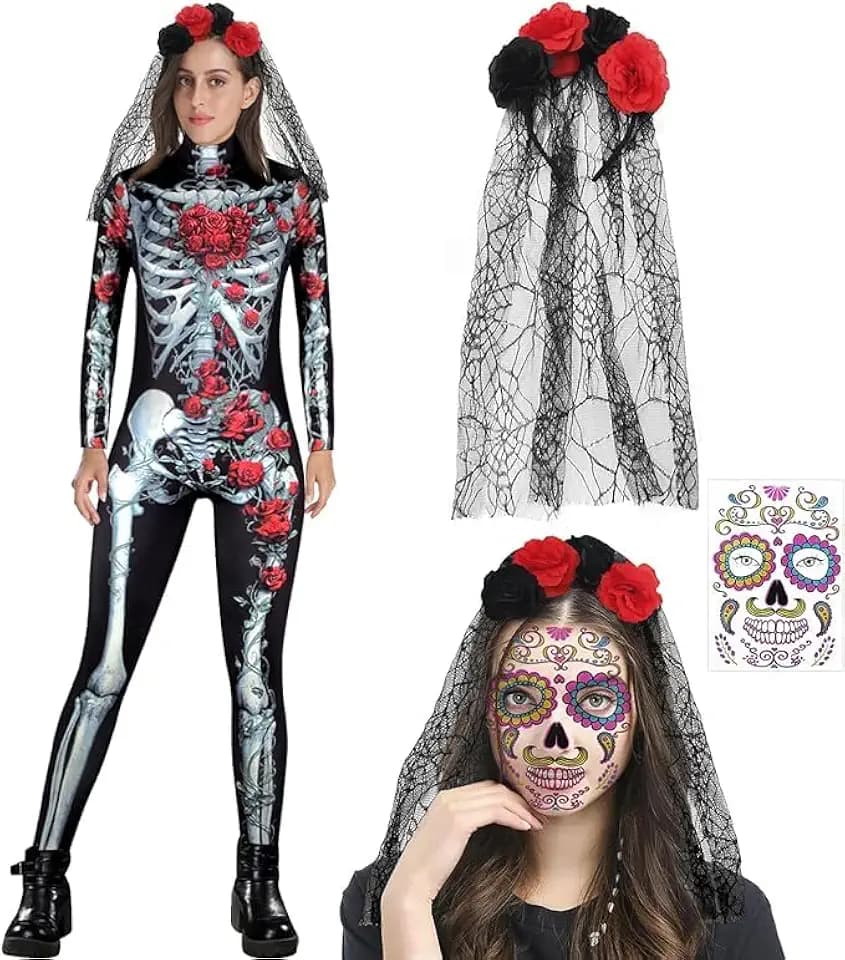 Lady Skull Kostüm, Rose Blume Skelett Overall, Sexy Gruselig Body Damen