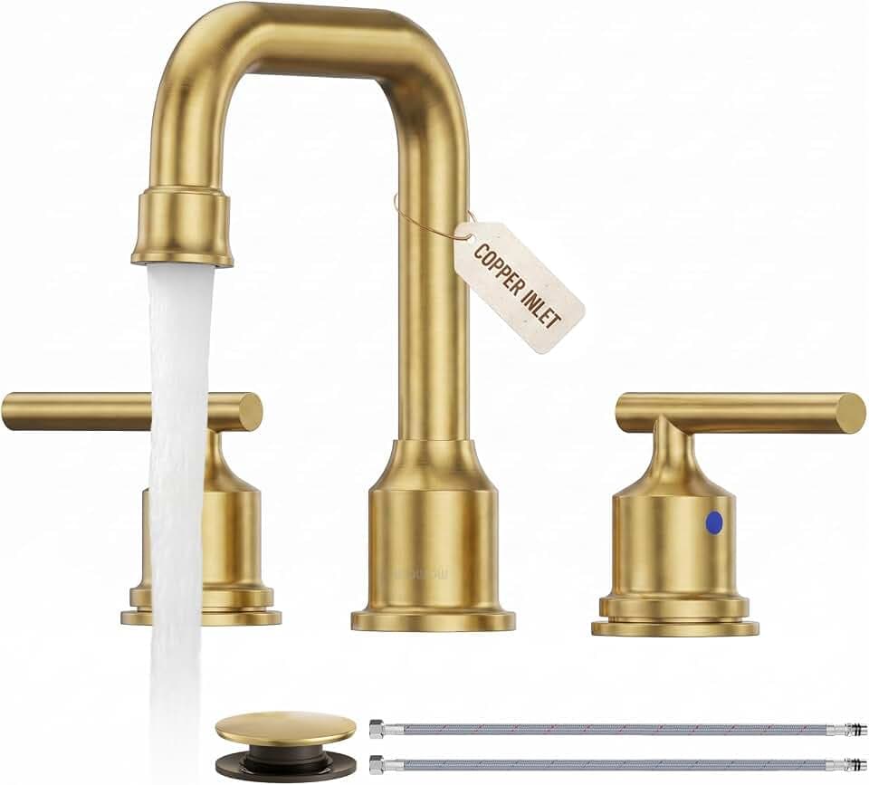 WOWOW Badarmaturen, gebürstetes Goldfinish, breite Montage, 2 Hebel, 3 Montagelöcher, mit Abfluss und Zuleitungen, moderne Badarmaturen, Messing