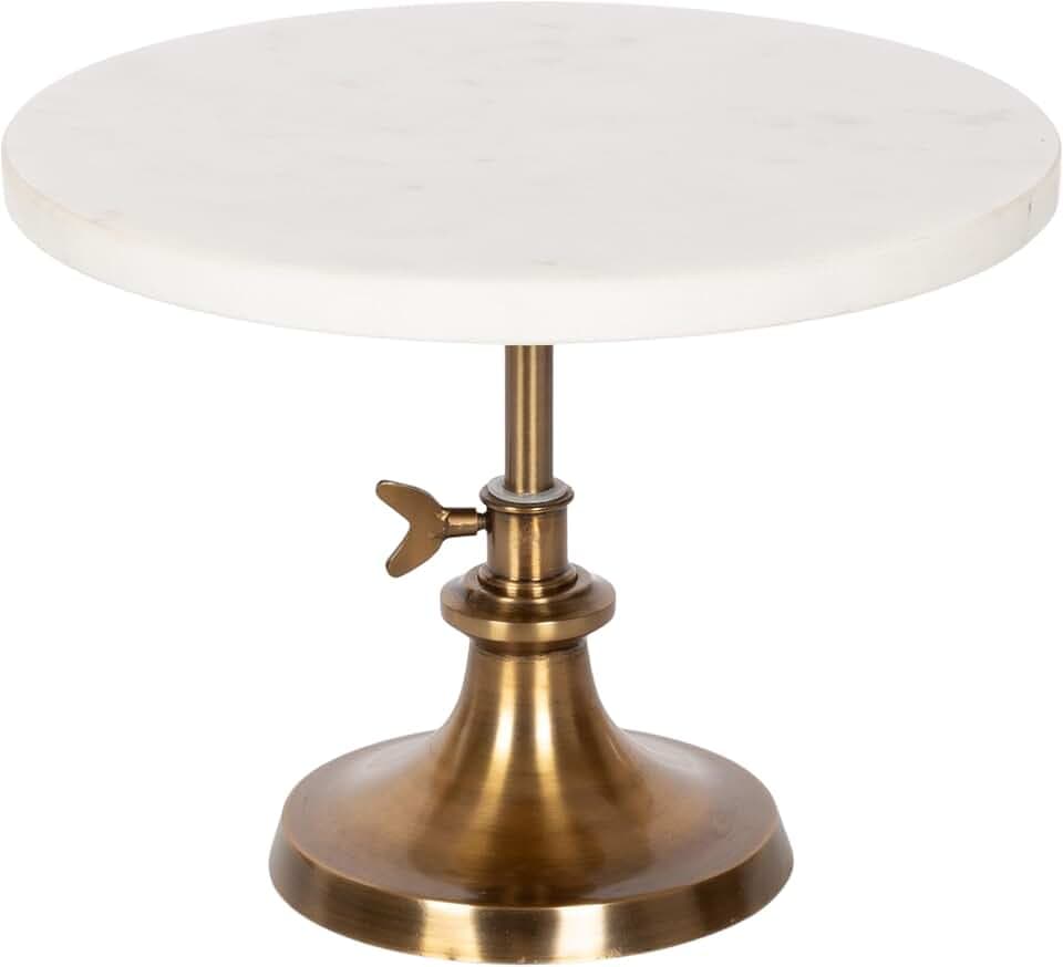 Kate and Laurel Engles Modern Adjustable-Height Round Marble Cake Stand, 10 Inch Diameter, White and Antique Brass, Marble Pedestal Tray for Use as Kitchen Counter Display or Entryway Catchall Tray