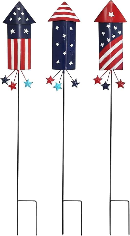 hogardeck 4th of July Decorations Outdoor, 36” Set of 3 Metal Firework Decorative Garden Stakes for Fourth of July Decorations, Patriotic Yard Firecracker Signs for Garden Memorial Day Decorations