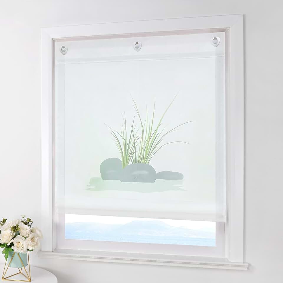 ESLIR Raffrollo Ohne Bohren Gardinen Küche Raffgardinen mit Ösen Transparent Ösenrollo Vorhänge mit Glas Druck Voile Weiß BxH 80x140cm 1 Stück