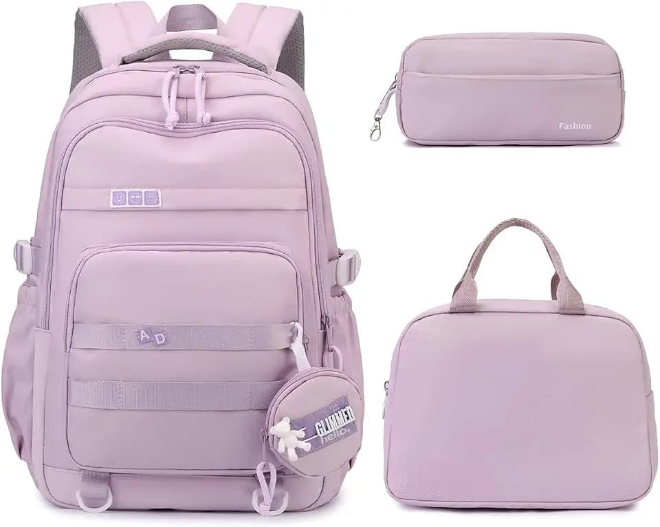 Amythe Schulrucksack Mädchen 3-tlg. Set, Schulranzen Mädchen Leicht mit Federmäppchen & Brottasche, Modischer Tagesrucksack für Schule, Reisen und Freizeit (ab 9 Jahre), Lila