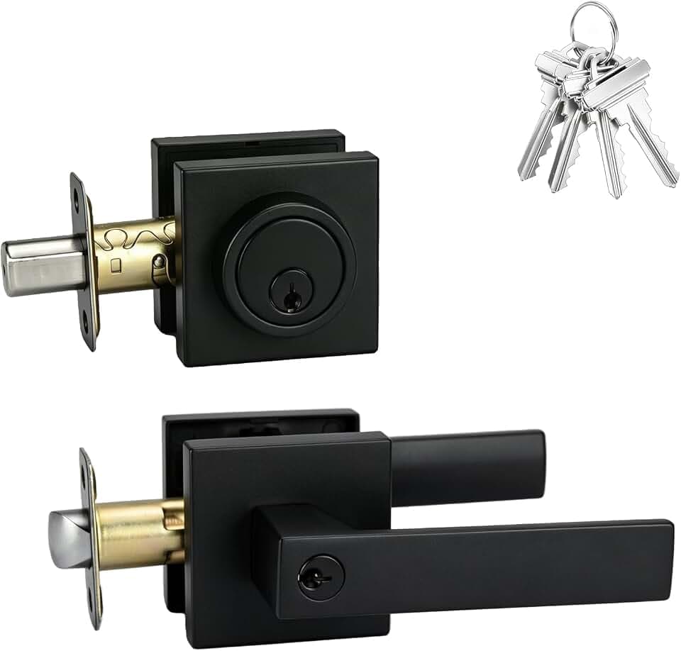 Front Door Lock Set with Deadbolt, Door Handle with Lock Keyed Alike, Heavy Duty Exterior Door Knob and Deadbolt Combo, Matte Black Door Lock for Front Door, Entry Door, 1 Pack