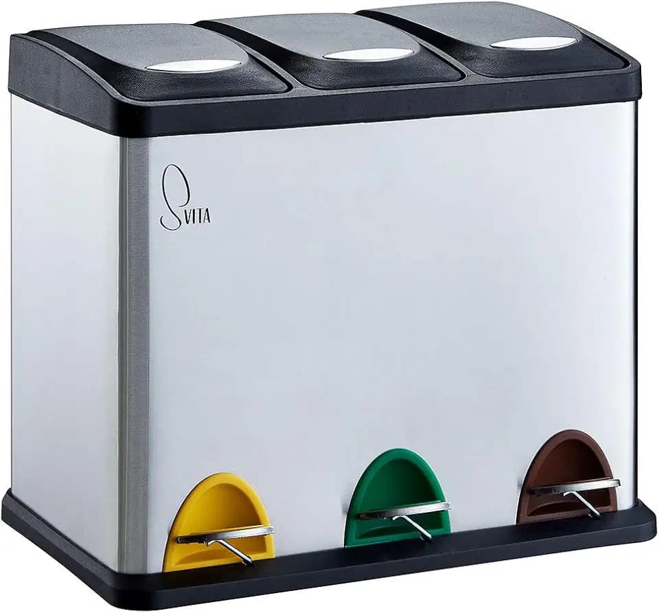 SVITA TC3X8 Küchen-Eimer 24 Liter 3X 8L Edelstahl dreifach Abfalleimer 3er-Mülleimer Mülltrennung Treteimer mit Deckel aus Edelstahl Silber mit Pedalen und herausnehmbaren Eimern