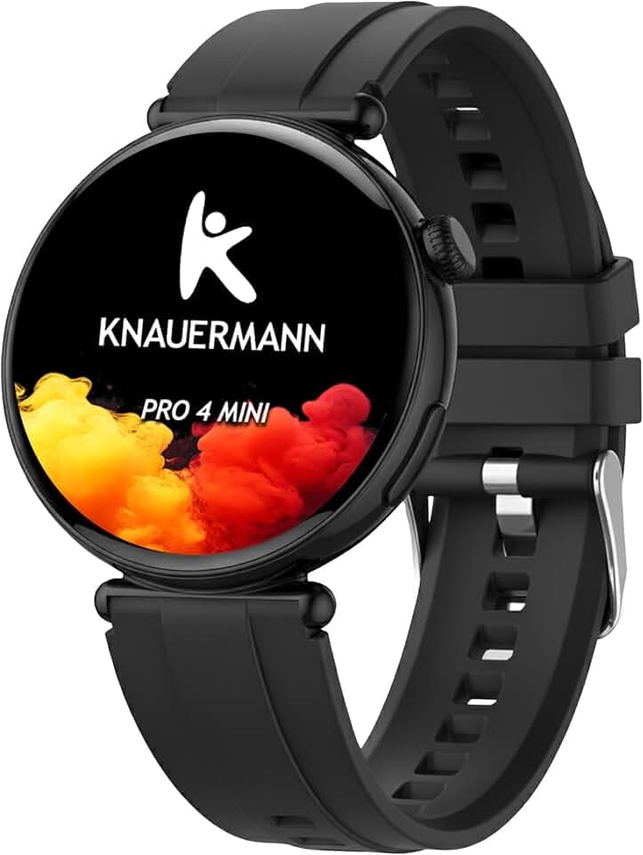 Knauermann PRO 4 MINI (2026) Rund Schwarz - EKG Gesundheitsuhr Blutdruck, Puls und Blutsauerstoff Messung, Schlafanalyse, Telefonie, IP67, Silikon Schwarz