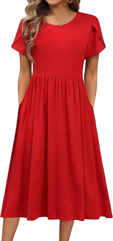 Hotouch Sommerkleid Damen Kurzarm Kleid Rundhals Freizeit Kleid mit Tasche