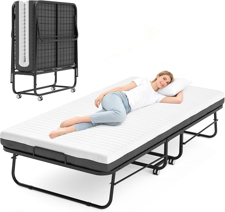 Klappbett 90x200 cm Erwachsene mit ca.13 cm Matratze aus Gedächtnisschaum Gästebett Klappbar Metallrahmen Klappbetten mit Rollen Reisebett Faltbares Metallbett Stabil bis 210 kg belastbar