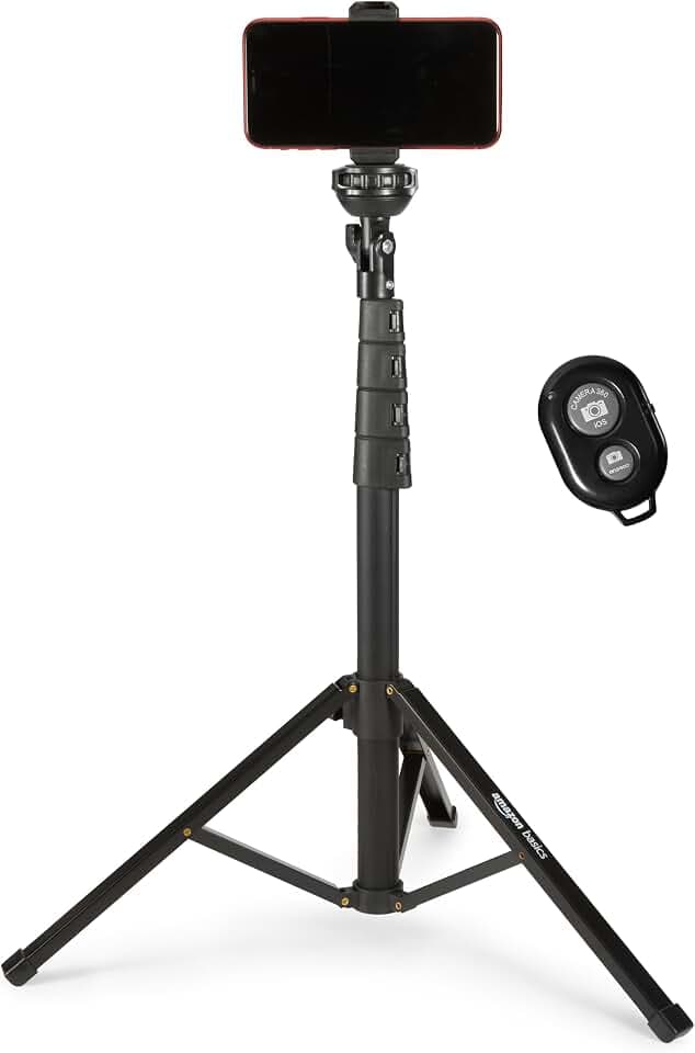 Amazon Basics Ausziehbares Telefonstativ und Selfie-Stick, 162,0cm/64,0in, mit kabelloser Fernbedienung, Schwarz