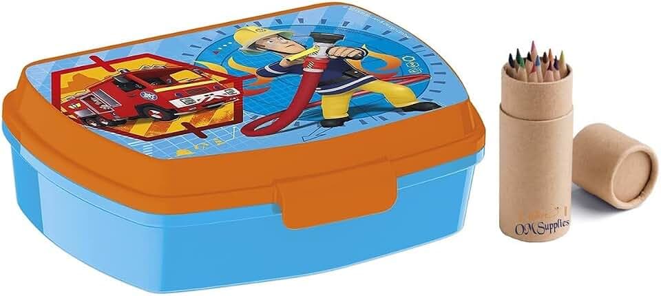 Brotzeit-/Snackbox für Kinder, für Kinder, Schule, halbe Größe, 12-teiliges Bleistift-Set (Feuerwehrmann Sam)