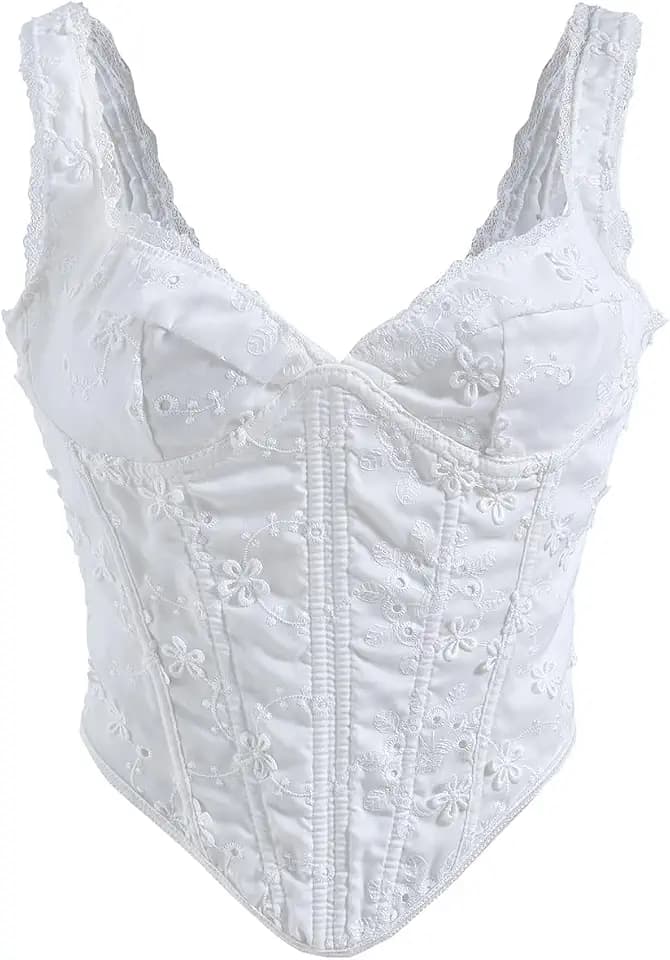 Women's Floral Embroidered Lace Crop Tank Top Deep V Neck Boned Party Club Corset Tops White Medium