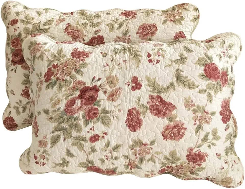 vctops Boho Floral Patchwork Pillow Shams Pack of 2 Farmhouse 100% Cotton Quilted Soft Decorative Pillow Cases Set (Flower,King)