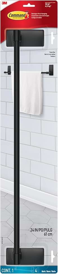 Command Bath Towel Bar, Matte Black, 1 Towel Ring, 2 Strips