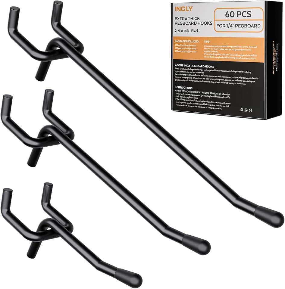 INCLY 60 Pack 2/4/6 Inch Black Pegboard Hooks, 1/4" Heavy Duty