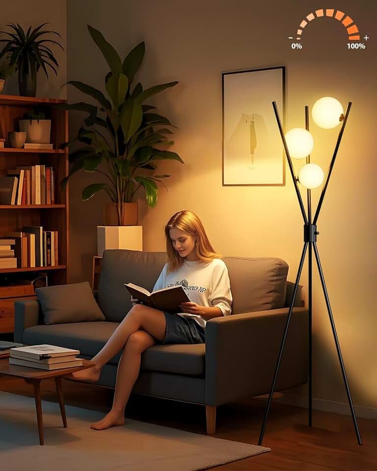 Lightdot 60IN Dimmable Black Tripod Floor Lamp, Mid Century Standing Lamps with 3 Globe Soft Warm White Eye Care 3000K Bulbs Included, Modern Tall Lamp for Living Room/Bedroom/Sofa Beside/Corner Decor