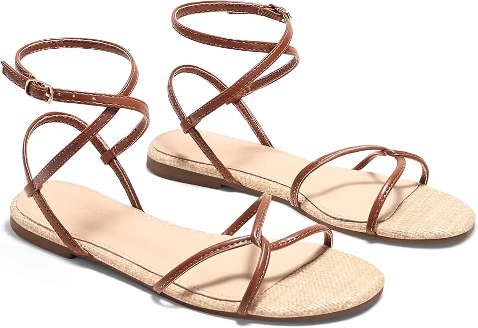 Coutgo Womens Flat Sandals Strappy Open Toe Cross Lace Up Ankle Strap Summer Dressy Beach Shoes
