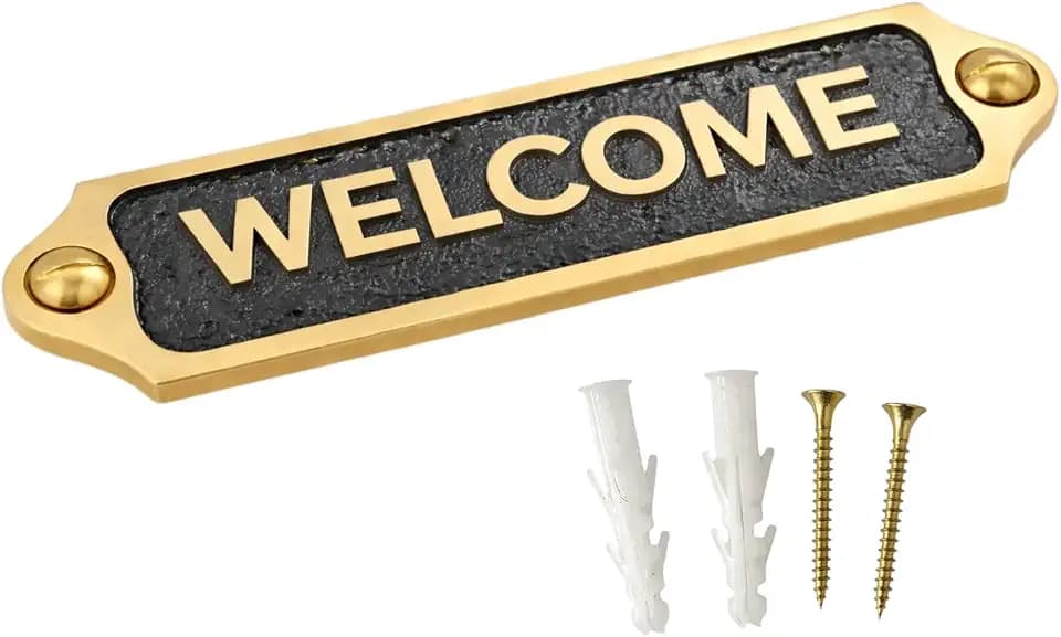 Brass Welcome Door Sign Plaque with Black Background, Raised Lettering, Cast Metal Entrance Nameplate for Front Door, Home Entryway, Office Reception, Business, Hotel, Wall & Gate Sign 22 x 5 cm