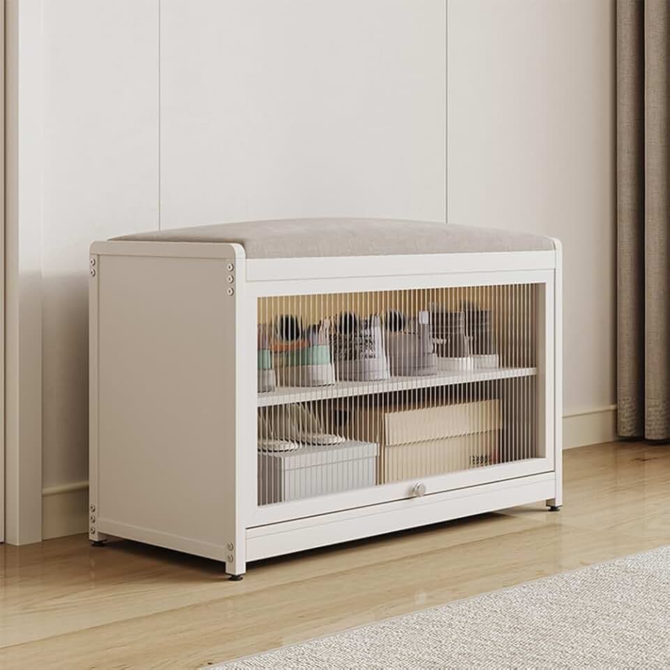 BAKAJI Schuhschrank mit Sitz und 2 Innenfächern, platzsparend, Schuhbank mit transparenter Tür und Rutschfester Unterseite, für Eingang, Schlafzimmer, Eingangsbereich, 70 x 32 x 45 cm (weiß)