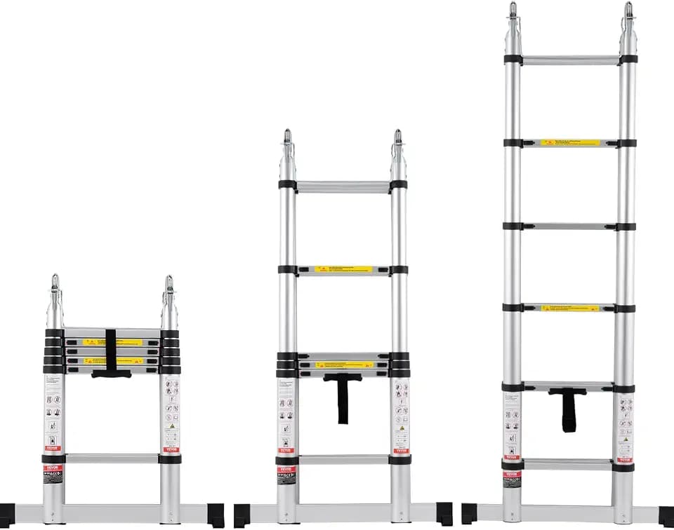 VEVOR 12.5FT Aluminum Telescoping A-Shape Extension Ladder, 375 LBS Capacity Lightweight, Multi-Button Retraction Collapsible Multi-Purpose Ladder with Stabilizer Bar for RV & Camper