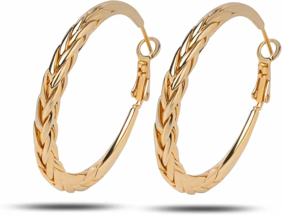 18K Gold Plated Braided Hoop Earrings for Women, Wheat Braid Texture