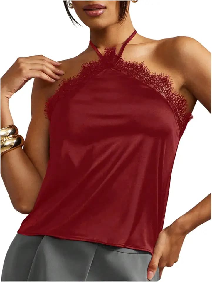 MakeMeChic Women's Satin Silk Lace Halter Tops Dressy Going Out Top