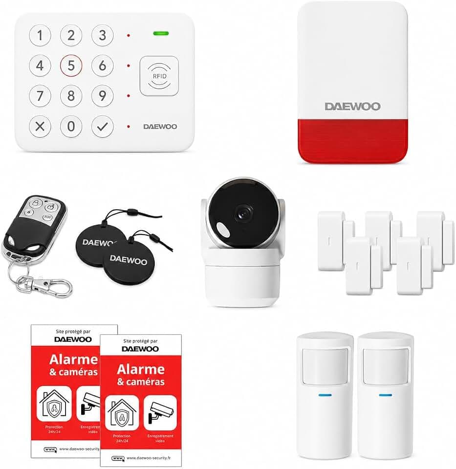 Daewoo Alarmanlage, WiFi/GSM, Vigilia VIG103+ – kabelloses und ohne Abonnement, kompatibel mit Tieren, Detektoren und Sirene inklusive + Überwachungskamera Full HD, App inklusive
