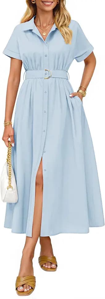 ZESICA Women's Summer Button Down Short Sleeve Midi Dress
