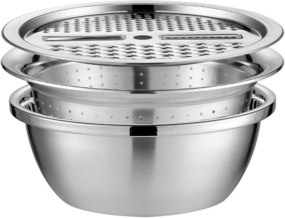 Multifunktions-Edelstahlbecken mit Reibe, Gemüseschneider, 3-in-1-Siebbecken, Reibensieb und Abflusskorb, Salatzubereitungsschüssel - Lebensmittel-Sieb aus Edelstahl in Silber