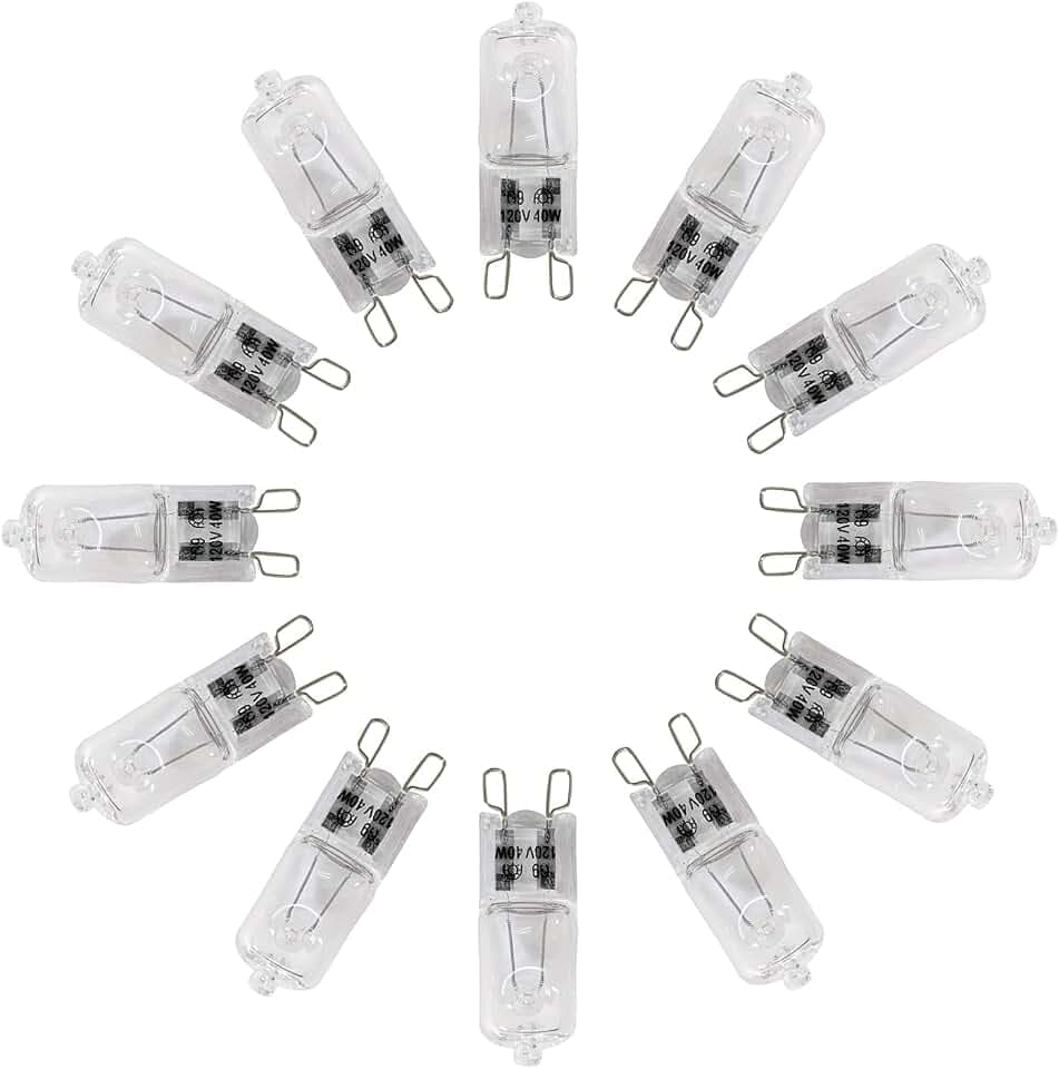 Snnalosses Appliance Light G9 Bulb, 120V 40W Halogen Small Light Bulb for Microwave,Chandeliers, Pendants, Cabinet Lights, Bathroom, 2 Pin Base JC T4 Type,Warm White, Dimmable,12 Pack