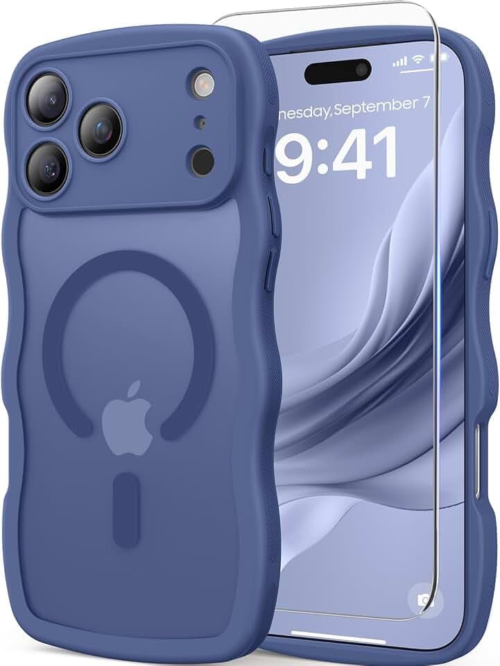 DOMAVER for iPhone 17 Pro Max Case for Women, 1X Screen Protector+1X Wrist Strap, [Compatible with MagSafe] [Full Camera Protection] Cute Wave Matte Phone Case for iPhone 17 Pro Max, Deep Blue