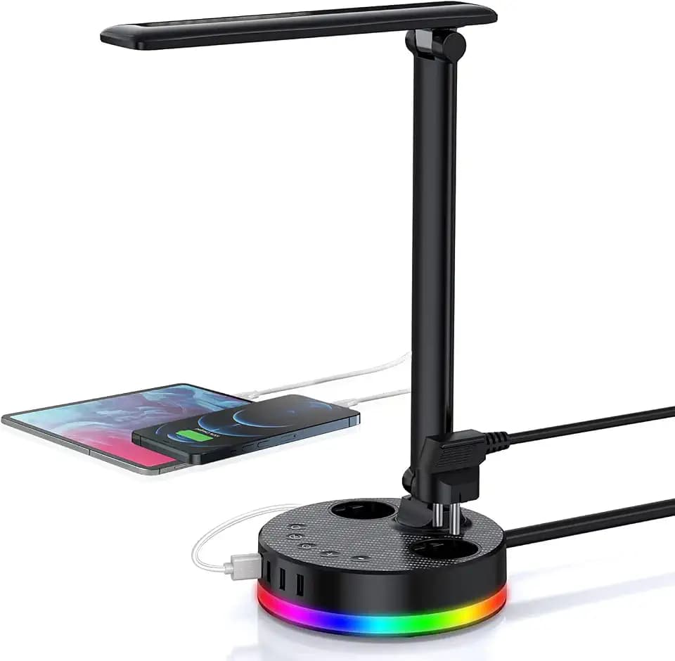 Schreibtischlampe, LED Tischlampe mit 4USB Anschlüsse und 2 Steckdosen, 7Farben und 4 Helligkeitsstufen, Dimmbare Nachtischlampe, Tageslichtlampe, Klappbare Augenschonende Tischleuchte für Zimmer