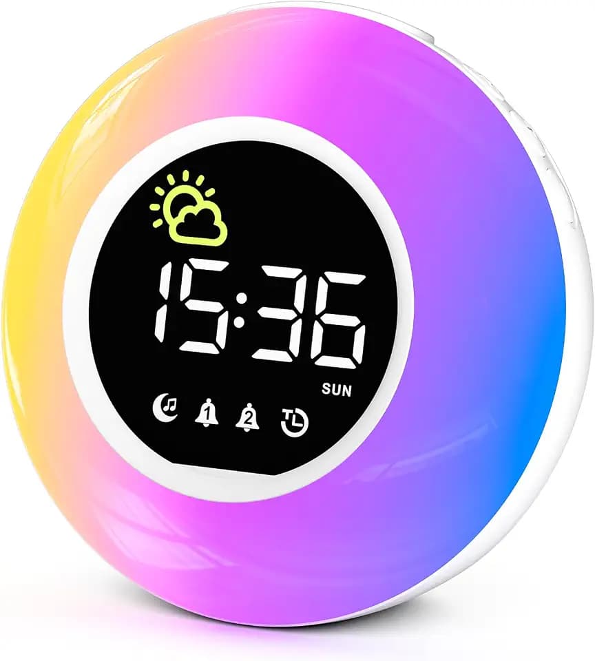 Wecker Digital, Kinderwecker mit Nachtlicht, 12 White Noise, 2 Alarmanzeige, Snooze und Timer, Einstellbare Helligkeit, Wecker für Schulanfänger, Netzbetrieben