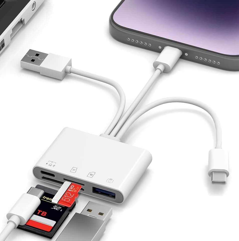 4 in 1 OTG Adapter SD Card Reader - Triple USB-C/Lightning/USB Memory Card Reader Lightning to USB Camera Adapter with SD/TF Card Slots, USB Flash Drive Slot, Type-C Port for Data & Charging & Audio