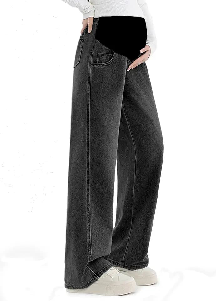 Alled Schwangere Jeanshosen, Damen Umstandshose Jeans Weite Beine Dehnbare Verstellbare Taille, Mutterschaft Jeans Lose mit Taschen Lounge Hosen